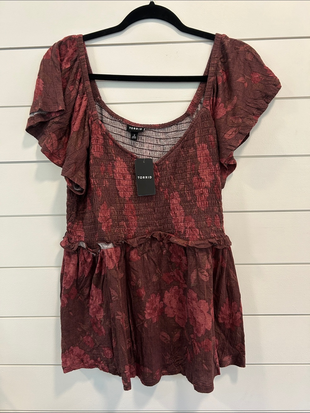 TORRID Floral Smocked Scoop Neck Blouse in Burgundy - Picture 1 of 3